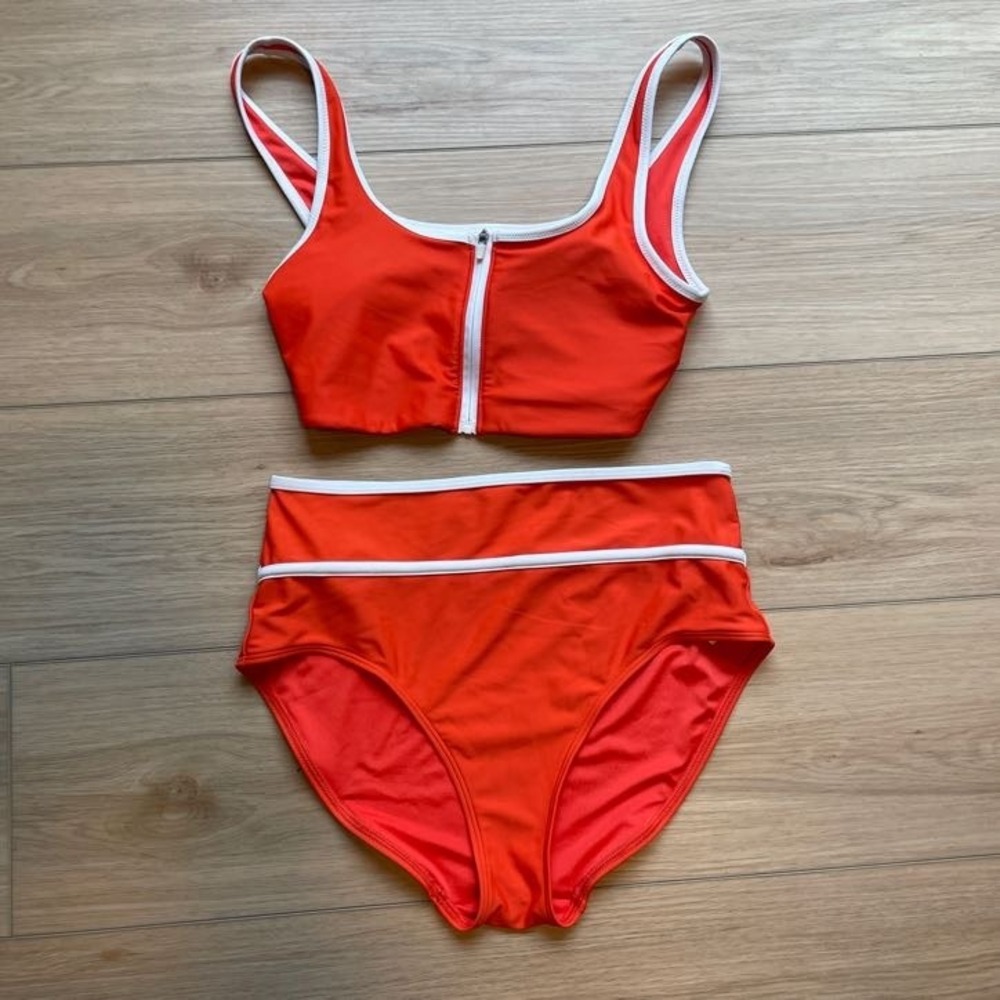 Old Navy Orange White Piping Zip Front Bikini Top High Waist Bottom Set